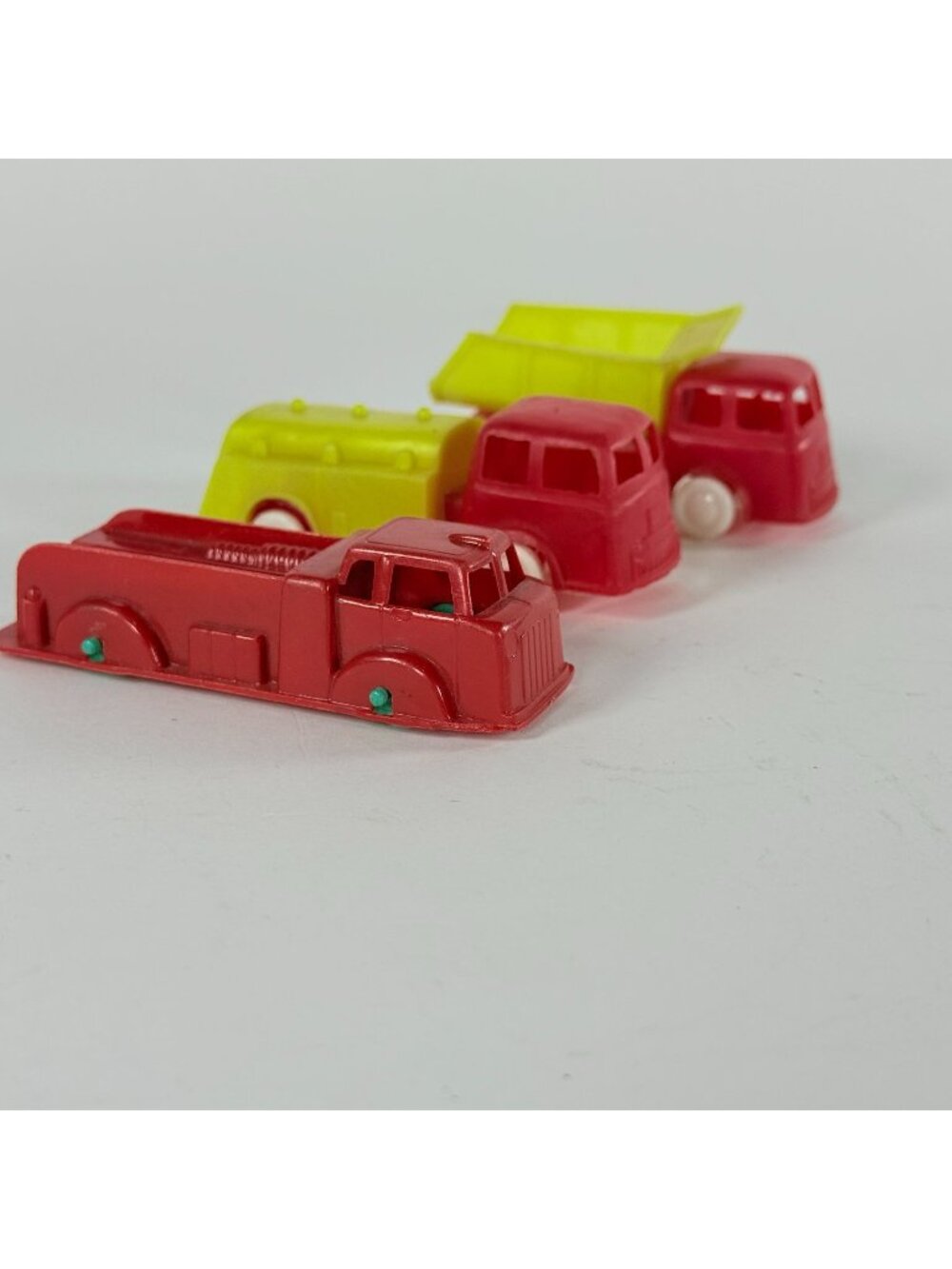 Vintage Plastic Toy Vehicles Red Tanker Fire Engine Dump Truck Set Of 3 1950s-St